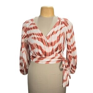 Banana Republic Wrap Shirt Womens XS Red Ikat Linen Cropped Top‎ Festival Boho